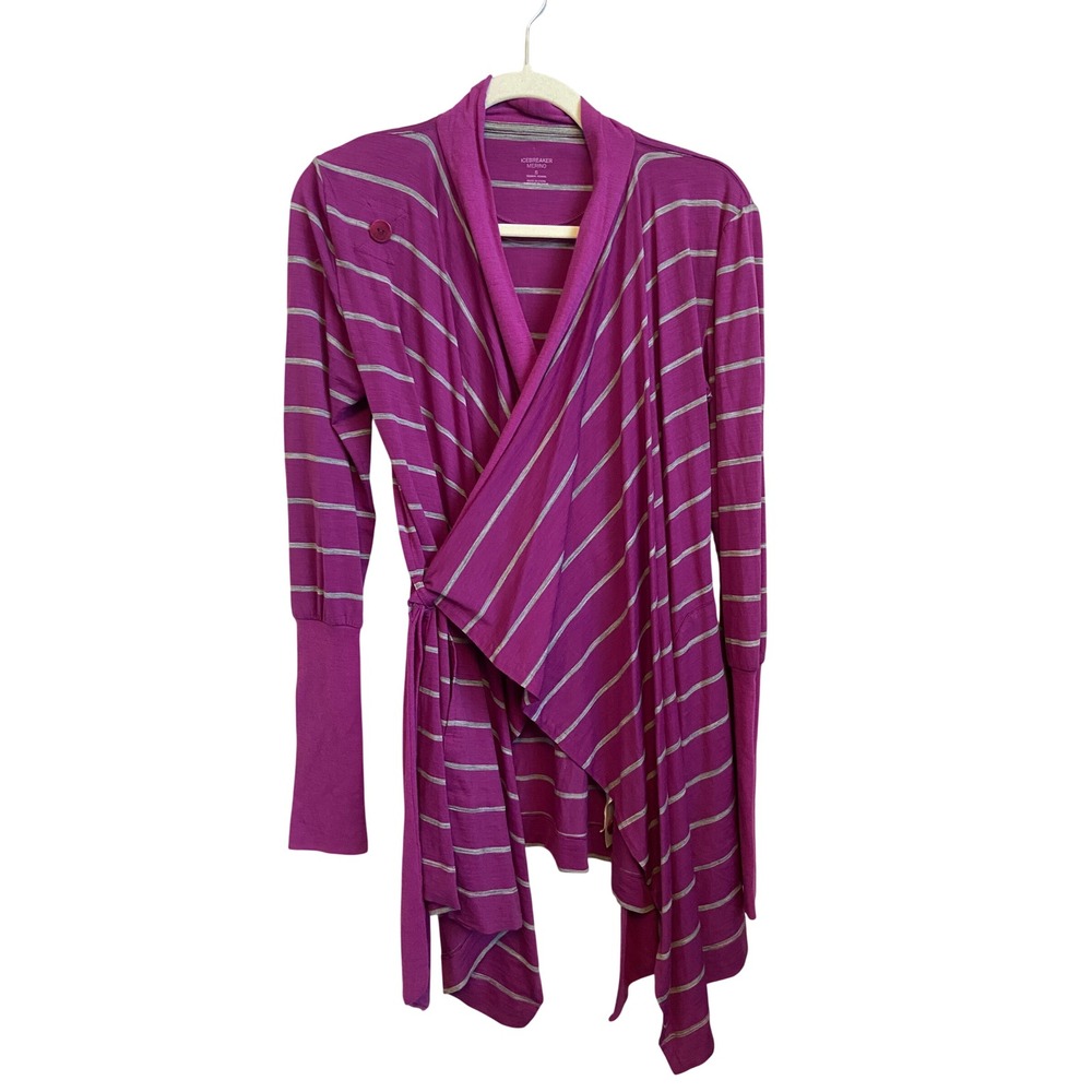Icebreaker Merino Wool Striped Wrap Cardigan Purple Grey Small Pockets Tie Front